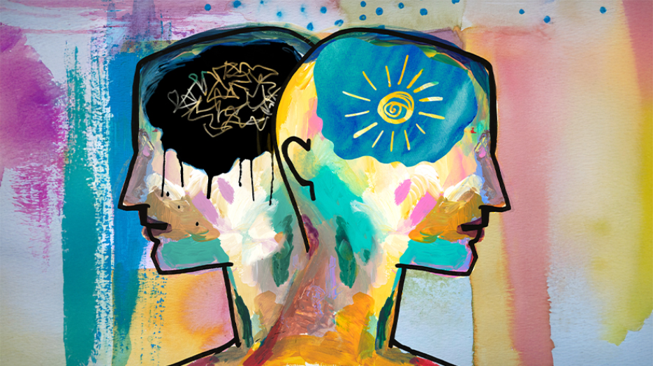 Mixed media rendering of the silhouette of two human heads, one with a sun and one with a storm cloud contained where their brain would be, on a colourful background